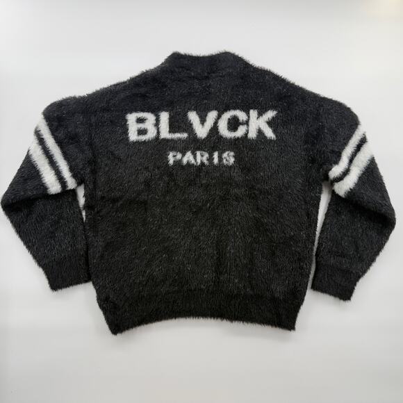 Blvck Paris Fuzzy Mohair Sweater Black White Striped Crewneck Pullover NWOT S - Picture 2 of 5